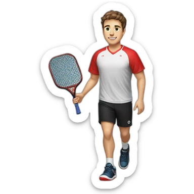 Young guy with brown hair playing pickleball full body red shirt black shorts solid black paddle sticker