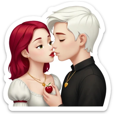 20 year old couple, boy with SHORT SNOW WHITE HAIR (completely WHITE), dark shirt, girl with long cherry red hair, light clothes, gold necklace, kissing sticker