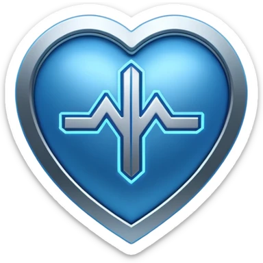 Futuristic premium medical AI logo emoji, sleek metallic heart or shield, ECG line forming stylized letters AI, neon blue and silver, 3D effect, glowing edges, minimal but bold, tech-savvy, high-tech healthcare branding, instantly recognizable, viral-ready, vector flat style with subtle shadows sticker