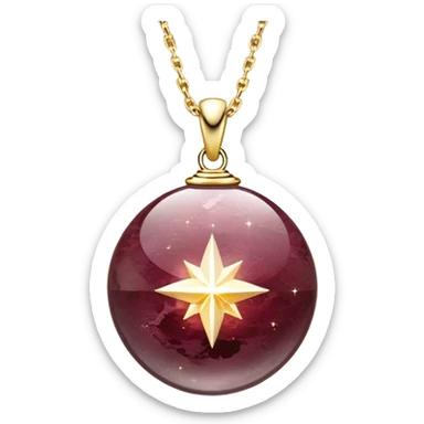 A polished round ball wine granite pendant suspended from a delicate gold chain, like a drop of enchanted starlight, glowing with the warmth of passion and the quiet power of transformation ethereal floating magical moving around... rebirth  sticker