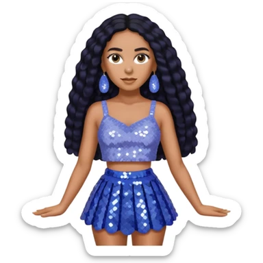 Solange with long black hair, periwinkle sequin crop top, periwinkle sequin skirt, periwinkle earring sticker