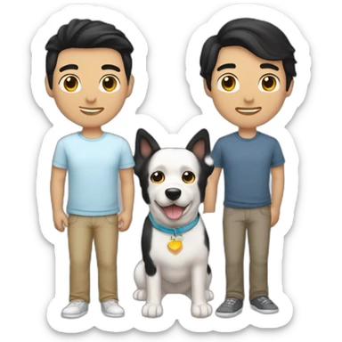 gay-couple,-1-guy-straight-black-hair-and-1-australian-white-guy-with-blackhair-slightly-curly-holding-a-dog sticker