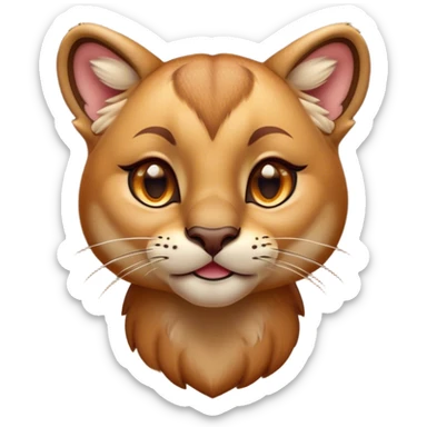 Cinematic Cute Cougar Portrait Emoji, Head tilted playfully and inquisitively, featuring a glossy, tawny Fur with delicate dark markings and round, sparkling amber eyes filled with curious mischief, Simplified yet irresistibly adorable features, highly detailed, glowing with a warm, friendly glow, high shine, affectionate and agile, stylized with a touch of wilderness whimsy, bright and endearing, soft glowing outline, capturing the essence of a mischievous yet loving cougar, so playful it feels like it could prowl out of the screen and into your arms! sticker