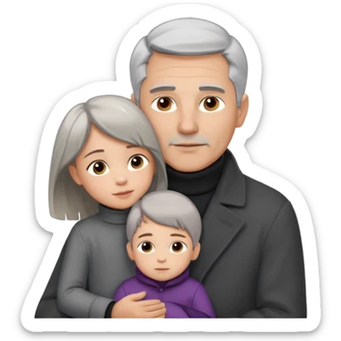A father with silver-grey hair styled neatly and a clean-shaven face, wearing a dark turtleneck and wool coat, holding his girl child gently. The child has light brown hair and a soft white dress. Warm cinematic lighting, emotional close-up. sticker
