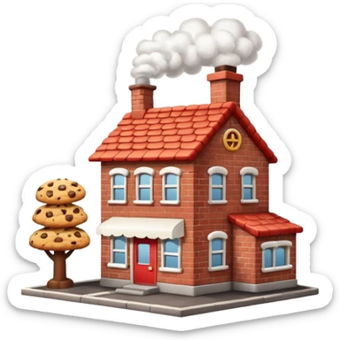 Small cartoon-style bakery factory with a red brick base, a single chimney puffing white smoke, cookie crates outside, emoji-style sticker