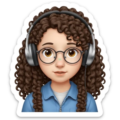 brunette kid with unique face features and very curly long hair kid girl neutral and very big nose and ears and dark eyes with freckles kind of nerd looking and headphone wearing no glassess just nose piercing very big one and evebrow piercing sticker