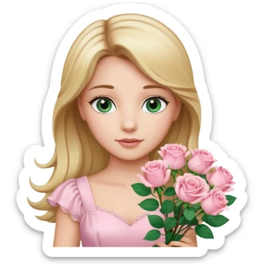 A beautiful princess with blue green eyes and light brown hair and blonde streaks wearing a light pink dress and holding a bouquet of light pink roses  sticker