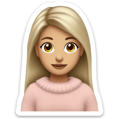 Pretty green/grey eyed girl with tan skin light pink sweater reading cozy sticker