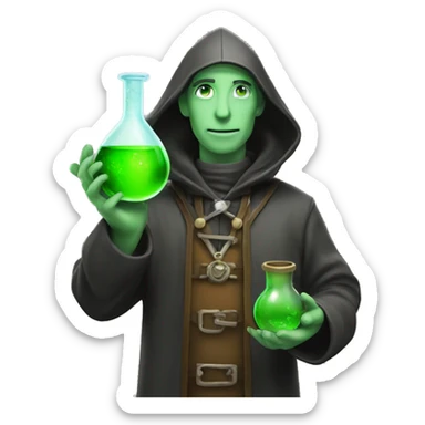 An alchemist holding a flask with green mystical chemical sticker