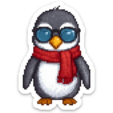 Add a red scarf to the penguin in pixel art style, with no background. Maintain the pixel art aesthetic and details. sticker