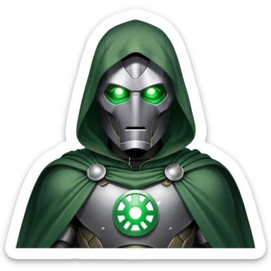 Doctor Doom standing with glowing green eyes visible through his metal mask, wearing green cloak sticker