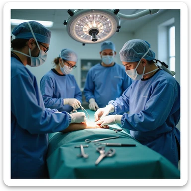 clinical scene: medical team working on a patient lying down, surgeon repairing arm ligaments, assistants and surgical instruments in foreground, bright environment, 4K quality sticker