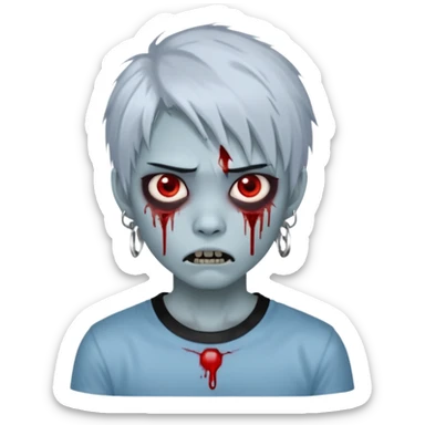  3D emoji-style avatar with very pale blue-grey zombie skin , a young Asian face, and large eyes with blood tears. Give it white litle bit messy mullet hair style , silver hoop earrings, and a plain black T-shirt. The face expression should be slightly angry, with vampire fang sticker