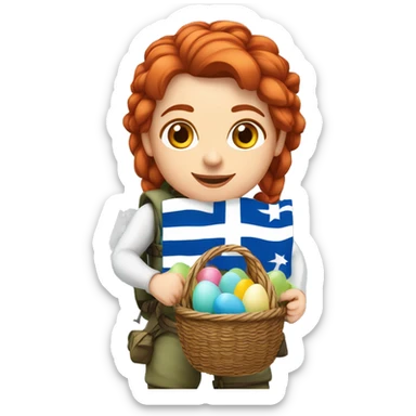 Greek Female winter mountaineer red hair white skin climbing with Greek Flag and Easter eggs basket sticker