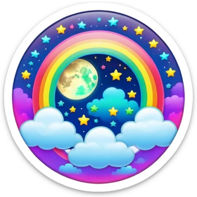Beveled button with shine, Neon rainbow colored damask style full moon with stars and clouds in the center sticker