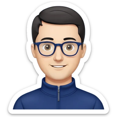 Caucasian man with very short black hair (close-cropped buzz cut), short beard with gray streaks, large black eyeglasses, cheerful expression, navy blue long sleeve sweatshirt with quarter zip sticker