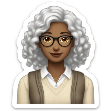 smiling dark skin indian teenage girl with black curly hair and glasses wearing a collared long sleeve white shirt under a beige v shaped collar sweatervest with no buttons sticker