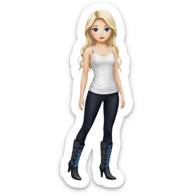 Blonde model silk balayage long hair herringbone braid women with blue eyes wearing White Spaghetti top and black Leggins and Boots with heels sticker