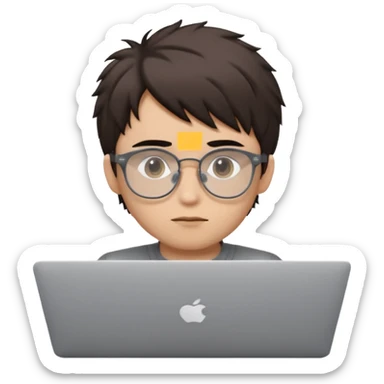 Apple Memoji-style 3D avatar, young man with light skin, short messy dark brown hair, black rectangular glasses, sitting behind a silver laptop with only eyes visible, cute minimal plastic look, smooth shapes, studio light, pure white background, centered, 1:1, ultra clean, 4k sticker