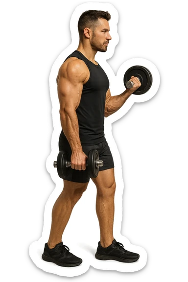 uomo fitness di profilo a figura intera con manubrio da palestra in mano, iperrealistico 4k sticker