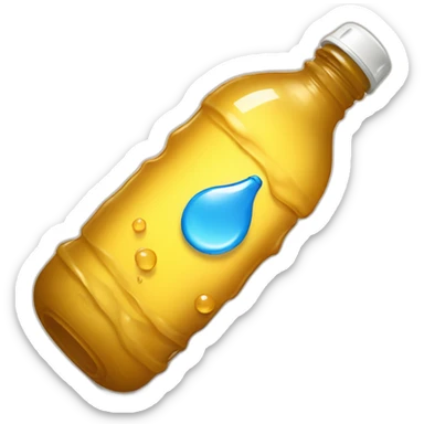 water bottle on the ground filled with brownish yellow liquid, crumpled sticker