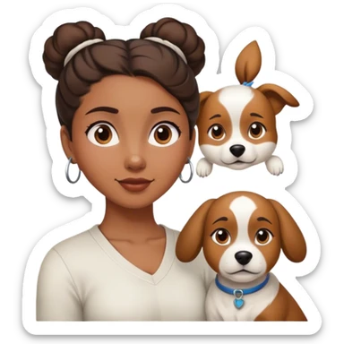 smart, 30 year old, brown girl, back bun hairstyle, with a big white brown dog sticker