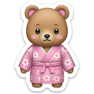 A cute light-brown bear wearing a pastel pink sakura-patterned kimono, normal balanced body ratio.  
Turning pockets inside out with a worried embarrassed face, a tiny coin rolling away.  
Kawaii emoji style, minimalistic clean sticker illustration, white background. sticker