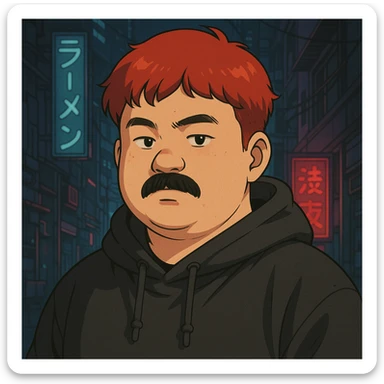 Asian man with a round face, black mustache, red hair, black hoodie, 90s Japanese anime style, soft shading, cyberpunk vibe sticker