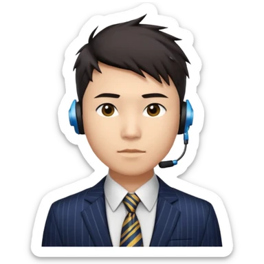 A young Asian man with light skin, short dark hair styled upward with a spiked swoop in front, a clean-shaven face, focused eyes, and a slim headset over one ear, wearing a dark pinstripe suit with a patterned dress shirt and a bright solid-colored tie visible from the chest up. sticker