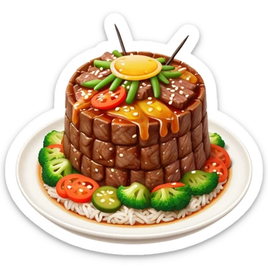 Cinematic Realistic Bulgogi Dish Emoji, featuring tender, marinated beef stir-fried with vegetables rendered with dynamic textures and mouth-watering lighting. sticker