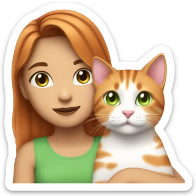 girl with brown hair and green eyes wearing a pink tank top cuddling a orange and white tabby cat with green eyes sticker