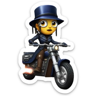 Bounty hunter Wednesday Addams Jedi wearing a pair of navy-blue rimmed steampunk goggles, hat, leather chaps, light saber, fringe jacket riding a distressed sci-fi 3 wheeled steampunk electric motorcycle with fenders and saddlebags on icy road  sticker