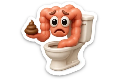 emoji stile iphone di un intestino realistico 3d che esce dal wc con in mano una montagnetta di feci con espressione triste a palline, iperrealistico 4k sticker