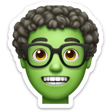 Make an Apple emoji, of a green zombie, boy, with curly hair with a black American haircut, prescription glasses with a thin rectangular frame sticker
