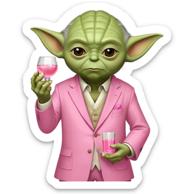 Master Yoda in pink suit, holding just one small pink tequila shot sticker