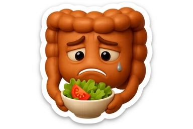 EMOJI STILE IPHONE DI UN INTESTINO UMANO ANATOMICO CHE GUARDA UN INSALATA CON ESPRESSIONE TRISTE E RASSEGNATA IN VOLTO: SOFFRE LA FAME PERCHé è A DIETA, FAGLI ANCHE LA PARTE BIANCA DEGLI OCCHI, NON SOLO LE PUPILLE, IPERREALISTICO 4K sticker