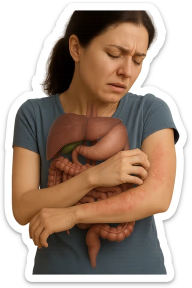 donna con intestino umano anatomico realistico che si gratta il braccio su cui ha un'eritema, iperrealistica 4k sticker