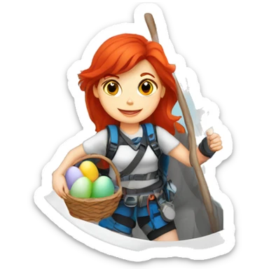 Female mountain climber red hair climbing with Greek flag and holding Easter eggs basket sticker