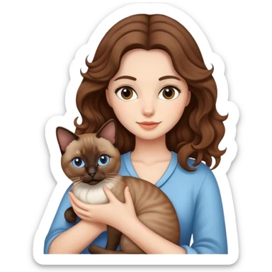 woman with brown wavy hair hold siamnesscat sticker