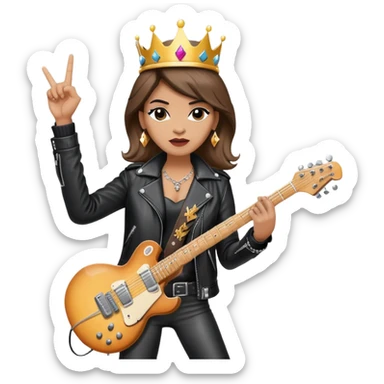 A rock and roll queen with a crown, electric guitar, and leather jacket making a rock gesture sticker