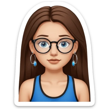 White girl with long brown hair, part going more to the RIGHT side, BLUE eyes, wearing BLACK plastic frame glasses. SEPTUM nose piercing hoop (at bottom of nose) AND stud nose piercing on right side of nose. Wearing BLACK tank top. Wearing big hoop earrings. No necklace! sticker