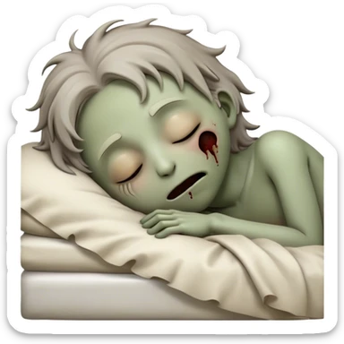 Meme-Worthy Cute Sleeping Zombie Portrait Emoji, with a delightfully quirky, slightly disheveled decaying face in soft ashen hues, head tilted back in peaceful, relaxed sleep with softly closed eyes and a tiny, endearing smile, simplified yet irresistibly charming, highly detailed with a soft eerie glowing outline that captures the gentle, unexpected cuteness of a zombie in serene repose! sticker