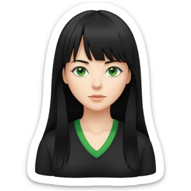 A white woman with Long straight hair with bangs, black hair, green eyes and a low-cut shirt sticker