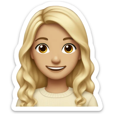 Girl with brown eyes, medium skin, long slightly wavy hair with dark brown roots with blonde ends wearing a cream jumper smiling happy  sticker