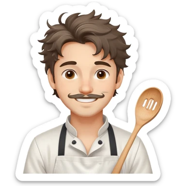 Attractive chef boyfriend with messy apron, tousled hair, playful smile. flour on cheeks, romantic sticker