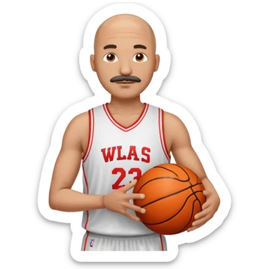 bald man basketball player white jersey with mustache holding basket ball sticker