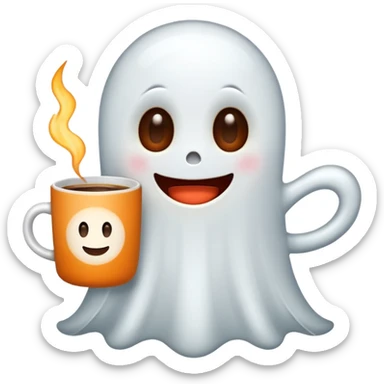 
a cute ghost holding a mug of hot coffee
 cartoon -style/cute and transparent for a sticker 
 sticker