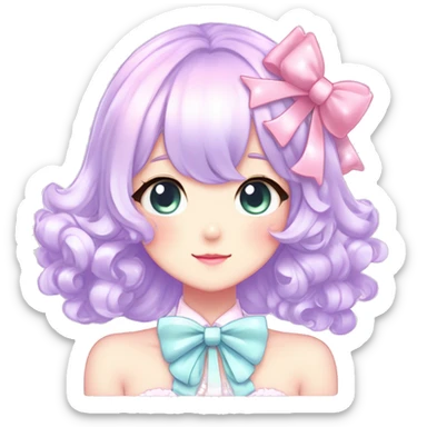 Gorgeous pastel anime style lady with blushing face with sparkly bow tie idol model cottagecore fairycore pastelcore shiny colorful pearly petite simplistic aesthetic trending style sticker