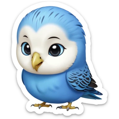 cinematic-cute-blue-budgie-portrait-emoji,-head-tilted-playfully-and-inquisitively,-featuring-a-brilliant-blue-feathered-fur-and white and black face-with-a-natural-sheen,-round,-sparkling-dark-eyes-filled-with-curiosity,-simplified-yet-irresistibly-adorable sticker