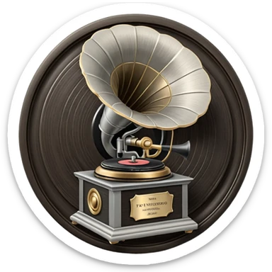 A dark metal platinum music award plaque The center features a relief of a vintage gramophone or stylized vinyl record in a slightly darker metallic tone sticker